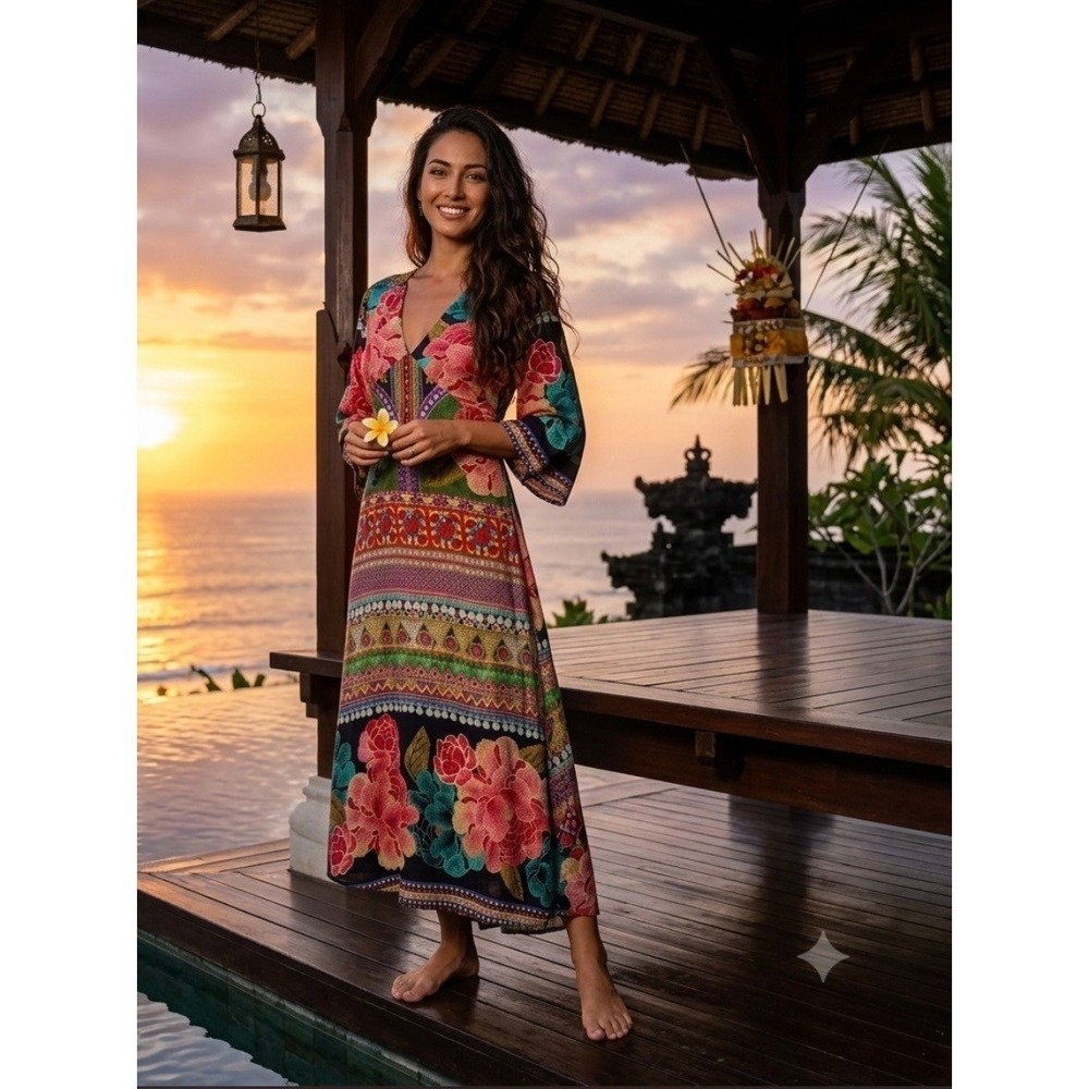 Anthropologie Farm Rio Rosario Midi Dress Vibrant Florals Boho Resortwear XS